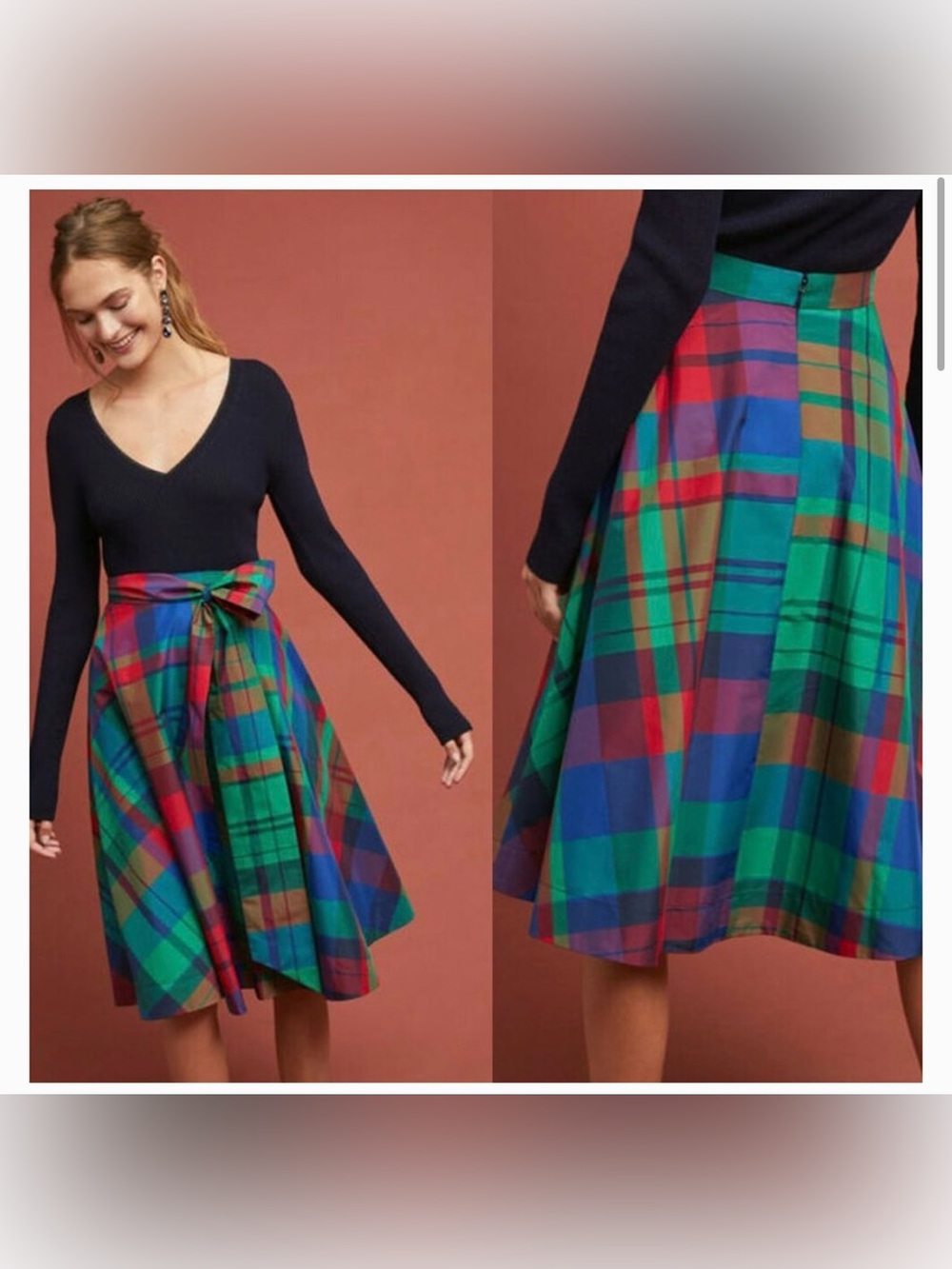 Maeve Plaid Taffeta Midi Skirt high waisted size US 8 EUC